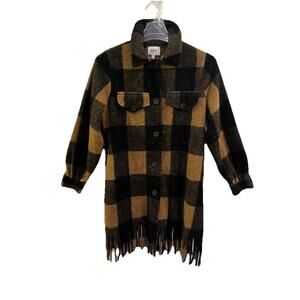 BKE Fleece Jacket Shacket Small‎ Plaid Pockets Camel Black Fringe Button Front